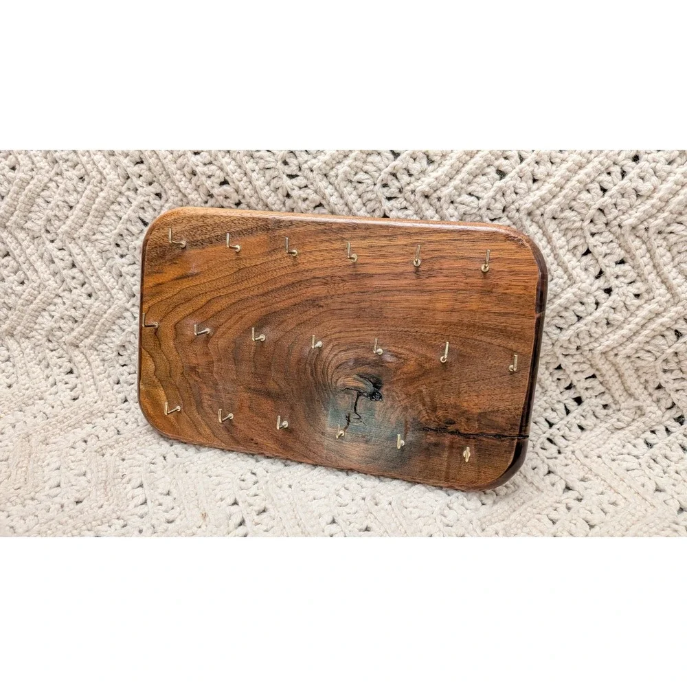 Handmade Solid Wood Wall Mounted Jewelry Organizer 21 Hooks Brown Walnut Finish